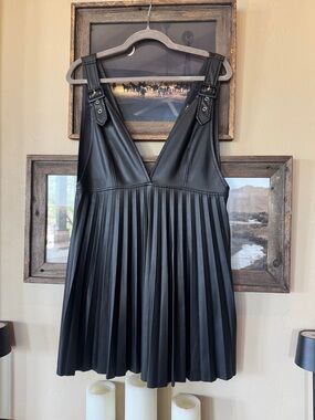 Zara Black Faux Leather Pleated Mini Dress